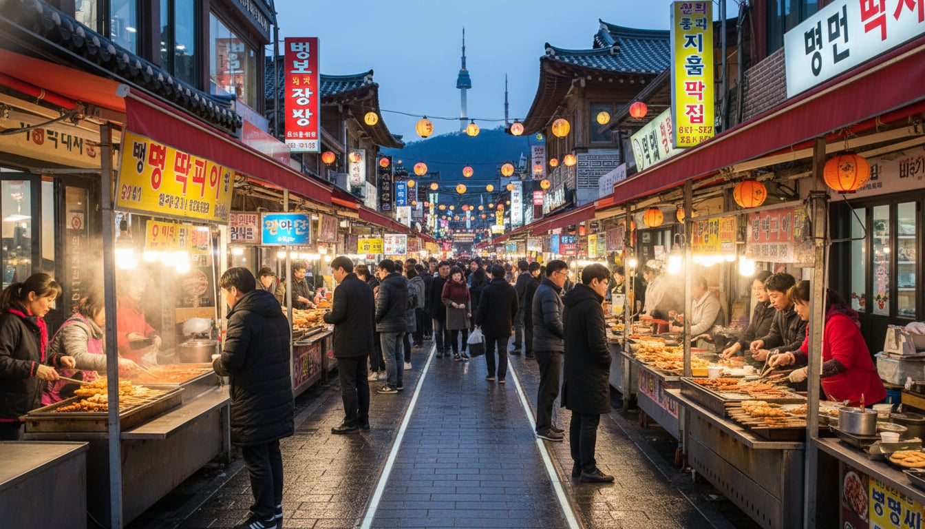 서울 골목 나들이 추천 장소 관련 이미지 - 해 질 녘, 서울 남산타워가 보이는 한국 전통시장의 활기찬 풍경. 다양한 길거리 음식과 사람들로 북적이는 모습이 인상적이다.