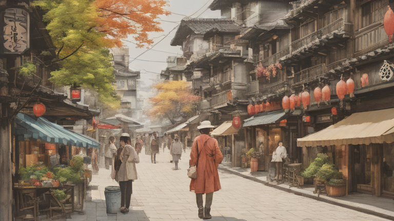 1. 돔베돈 (제주시 건입동 흑돼지 거리) 관련 이미지 - 가을 단풍이 물든 나무와 붉은 등불이 늘어선 고풍스러운 동양의 거리를 사람들이 오가는 풍경입니다. 전통 가옥과 상점들이 어우러져 활기찬 옛 시장의 분위기를 자아냅니다.