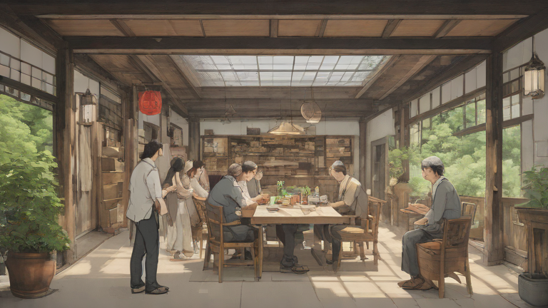 장마철 빨래 냄새, 왜 나는 걸까요? 관련 이미지 - 전통적인 목조 건물 실내에서 여러 사람이 모여 대화하거나 활동하는 모습입니다. 창밖의 푸른 자연이 평화로운 분위기를 더합니다.