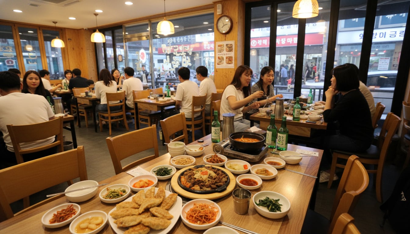 만원의 행복 뷔페 시리즈 관련 이미지 - 여러 사람이 모여 다양한 한식 요리와 소주를 즐기는 식당 풍경입니다. 메인 요리와 함께 푸짐한 밑반찬이 차려져 있습니다.