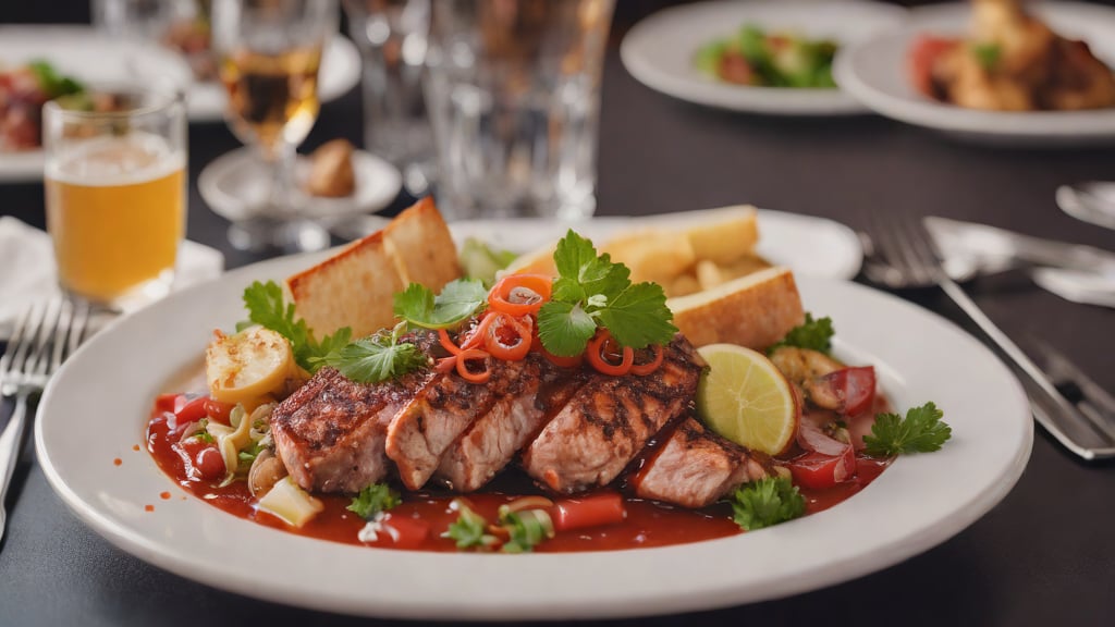 메인 고기·생선 요리 관련 이미지 - 매콤한 소스를 곁들인 그릴 생선 스테이크와 신선한 채소, 빵이 어우러진 요리입니다. 레스토랑에서 즐기기 좋은 메인 메뉴입니다.