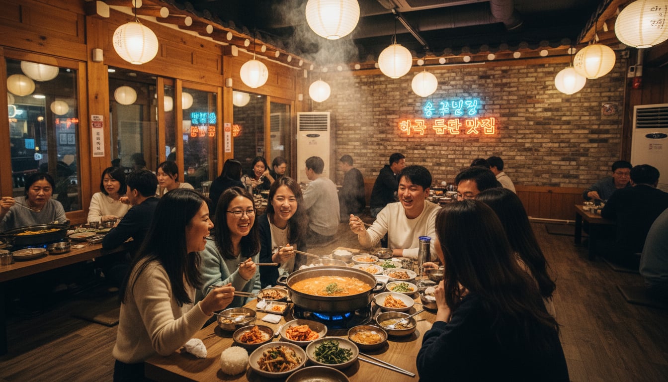 아이와 함께하는 서울 나들이, 준비물 및 이동 팁 관련 이미지 - 친구들이나 가족이 모여 한국 전통 식당에서 따뜻한 전골과 다양한 반찬을 즐기며 행복한 시간을 보내는 모습입니다. 활기찬 분위기 속에서 맛있는 음식을 나누는 정겨운 풍경입니다.