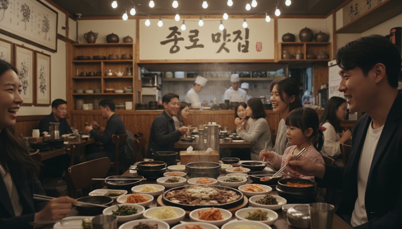 제주 중문 맛집 선택 가이드 관련 이미지 - 한 가족이 전통 한식당에서 다양한 반찬과 메인 요리를 즐기며 행복한 시간을 보내고 있습니다. 따뜻하고 정겨운 분위기 속에서 식사하는 모습입니다.