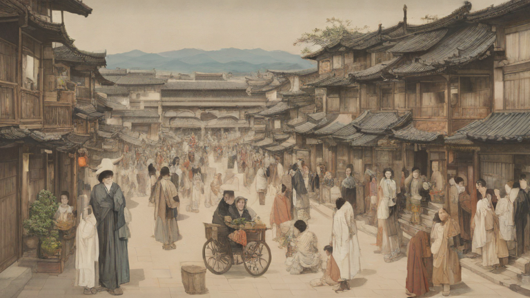 1. 돔베돈 (제주시 건입동 흑돼지 거리) 관련 이미지 - 전통 가옥이 즐비한 옛 거리에서 많은 사람들이 오가며 활기찬 일상을 보내는 모습을 담은 그림입니다. 시장 풍경과 사람들의 다양한 활동이 돋보입니다.