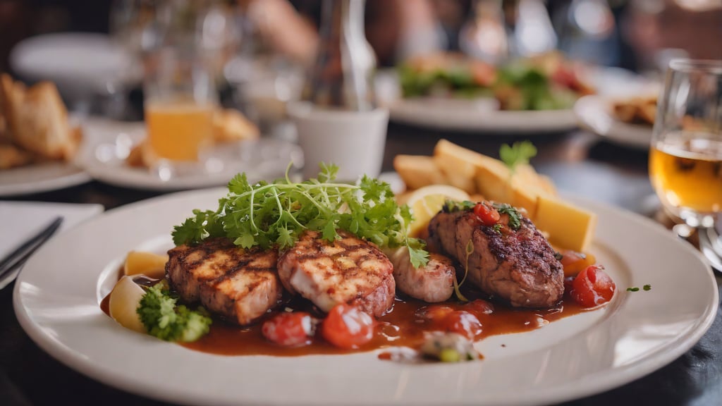 반찬·사이드류 관련 이미지 - 레스토랑에서 제공되는 그릴에 구운 고기 요리로, 풍부한 소스와 신선한 채소가 곁들여져 있습니다. 고급스러운 분위기에서 즐기는 식사입니다.